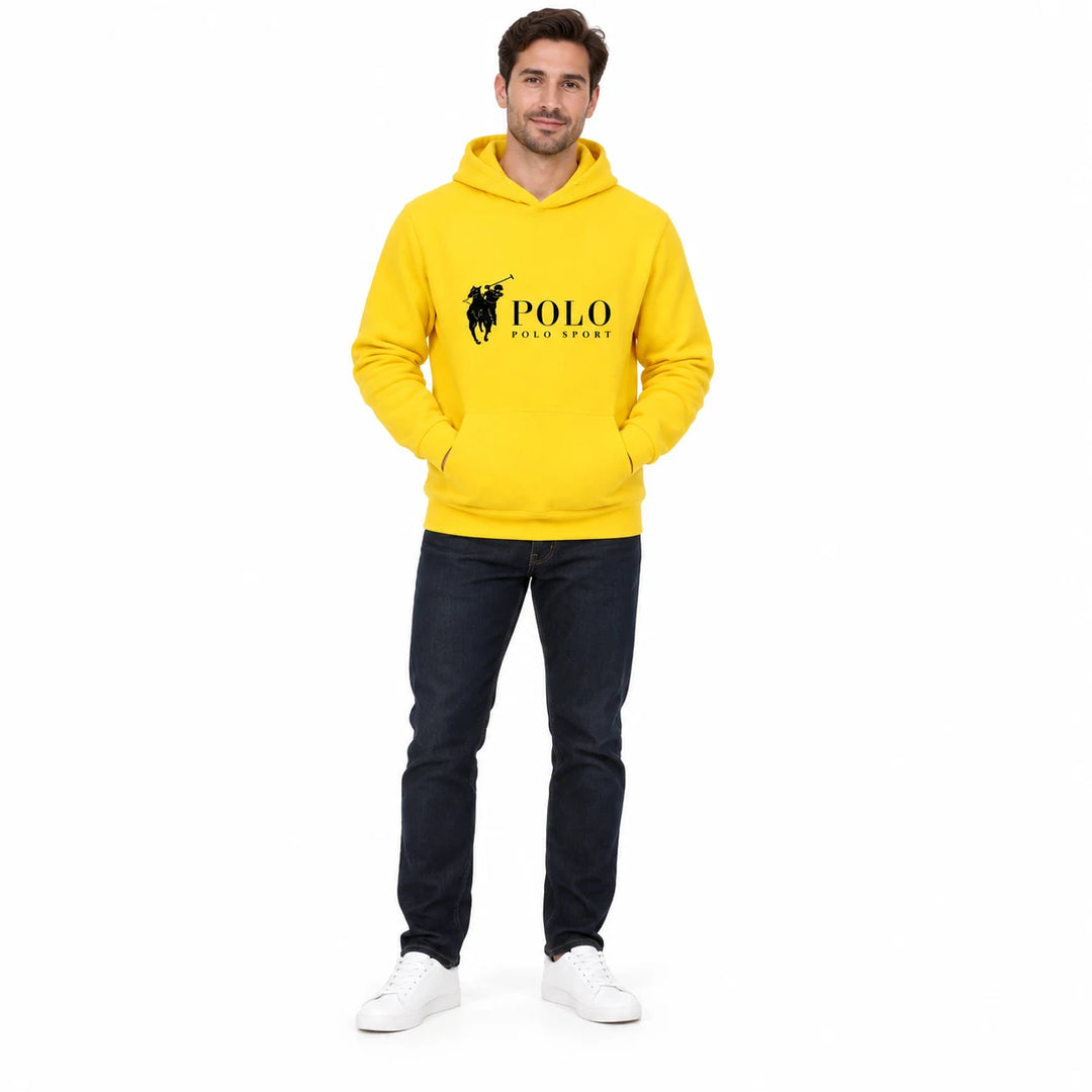Full-length male model wearing a Yellow graphic hoodie with a front pouch on a white studio background