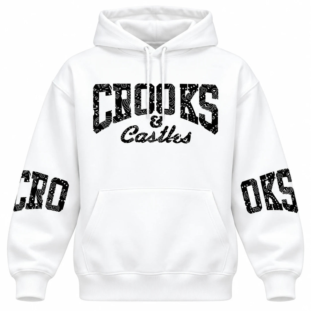 Graphic pullover hoodie in White, shown from the front on a white background