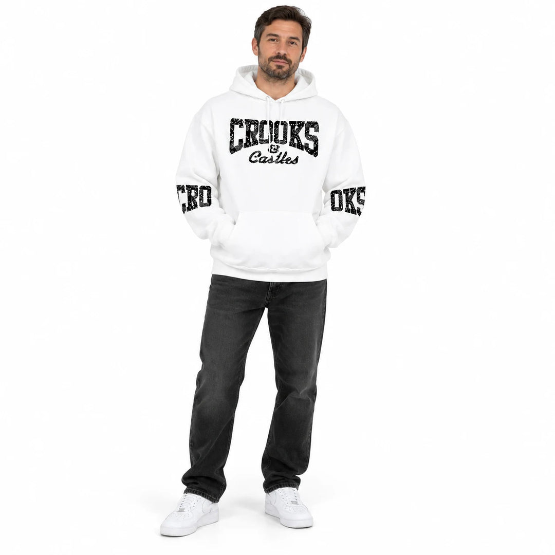 White hoodie with chest and sleeve lettering worn by an adult model, second-model full-length view on a white background