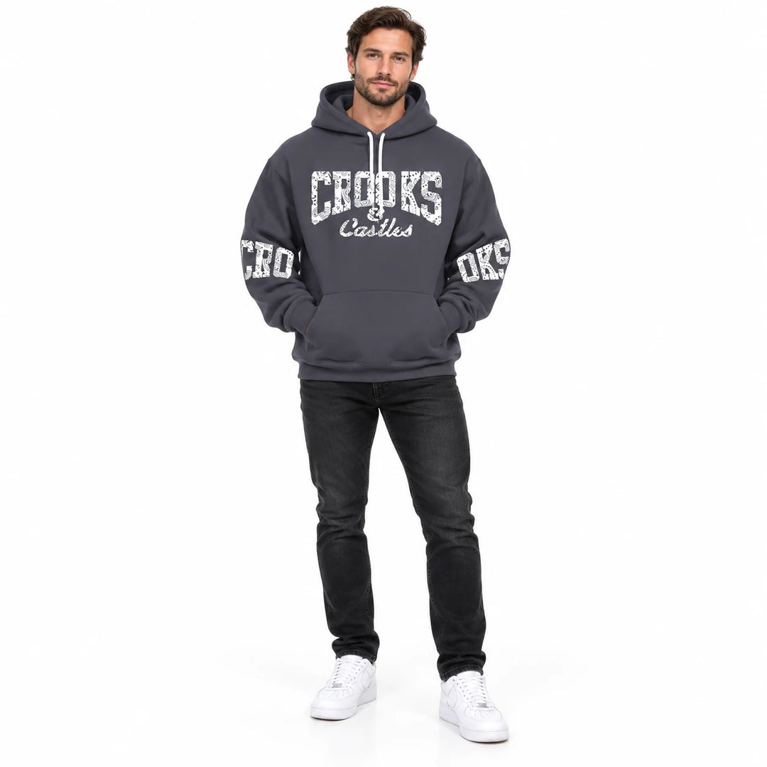 Full-length male model wearing a Charcoal graphic hoodie with chest and sleeve prints on a white studio background