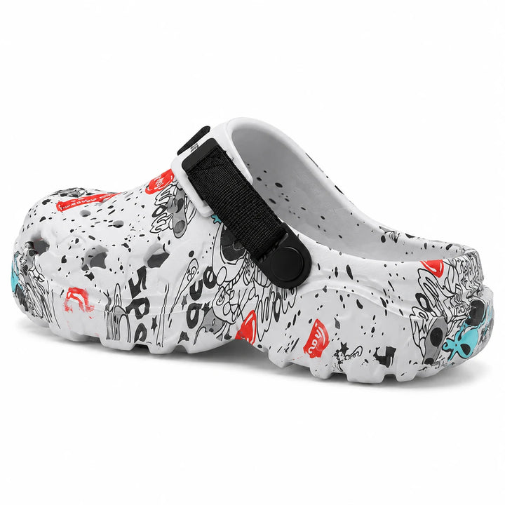 White graffiti platform clogs, side and rear view on a white studio background