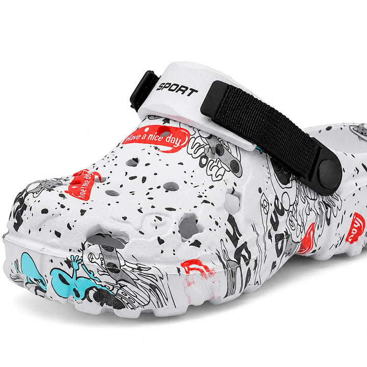 Close-up of the black heel strap, pivot and SPORT pad on the white clog