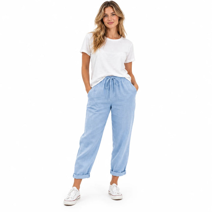Sky Blue drawstring ankle pants worn by an adult woman, showing the ankle length and drawstring, on a plain white background.