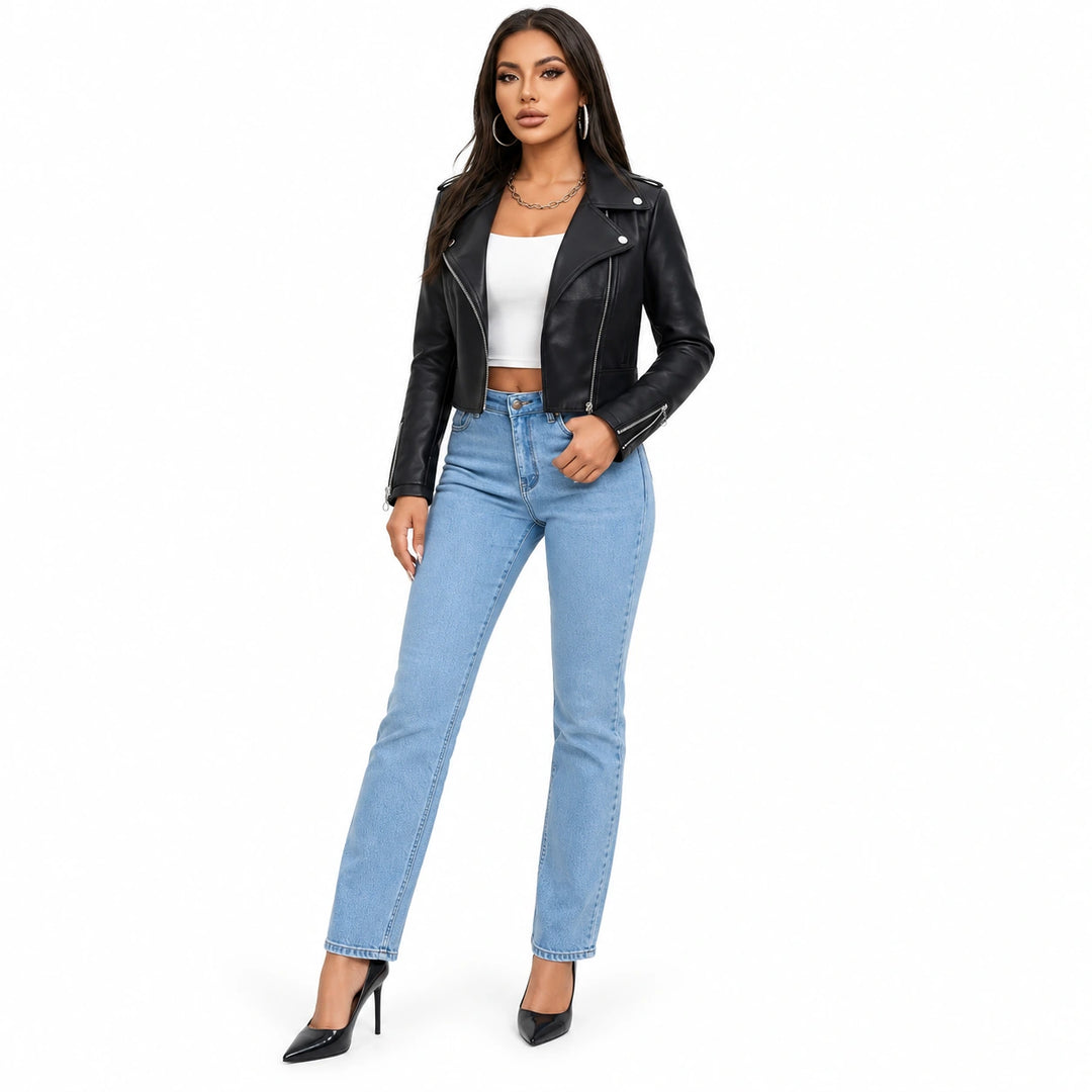 Cropped faux leather jacket in Black on a full-body model, with long sleeves, silver-tone zips and a waist-length silhouette.