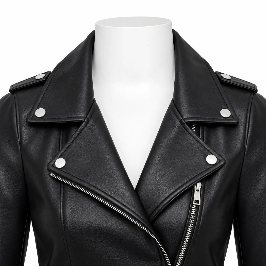 Black jacket collar detail on a white mannequin showing notched lapels, silver-tone snaps, shoulder tabs and diagonal zipper.