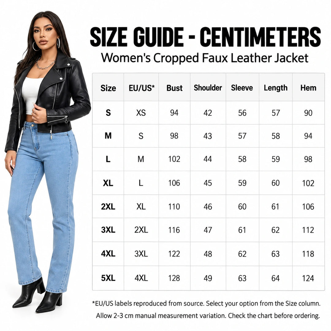 Size chart in centimeters with a model in a black jacket with sizes S to 5XL and bust, shoulder, sleeve, length and hem data.
