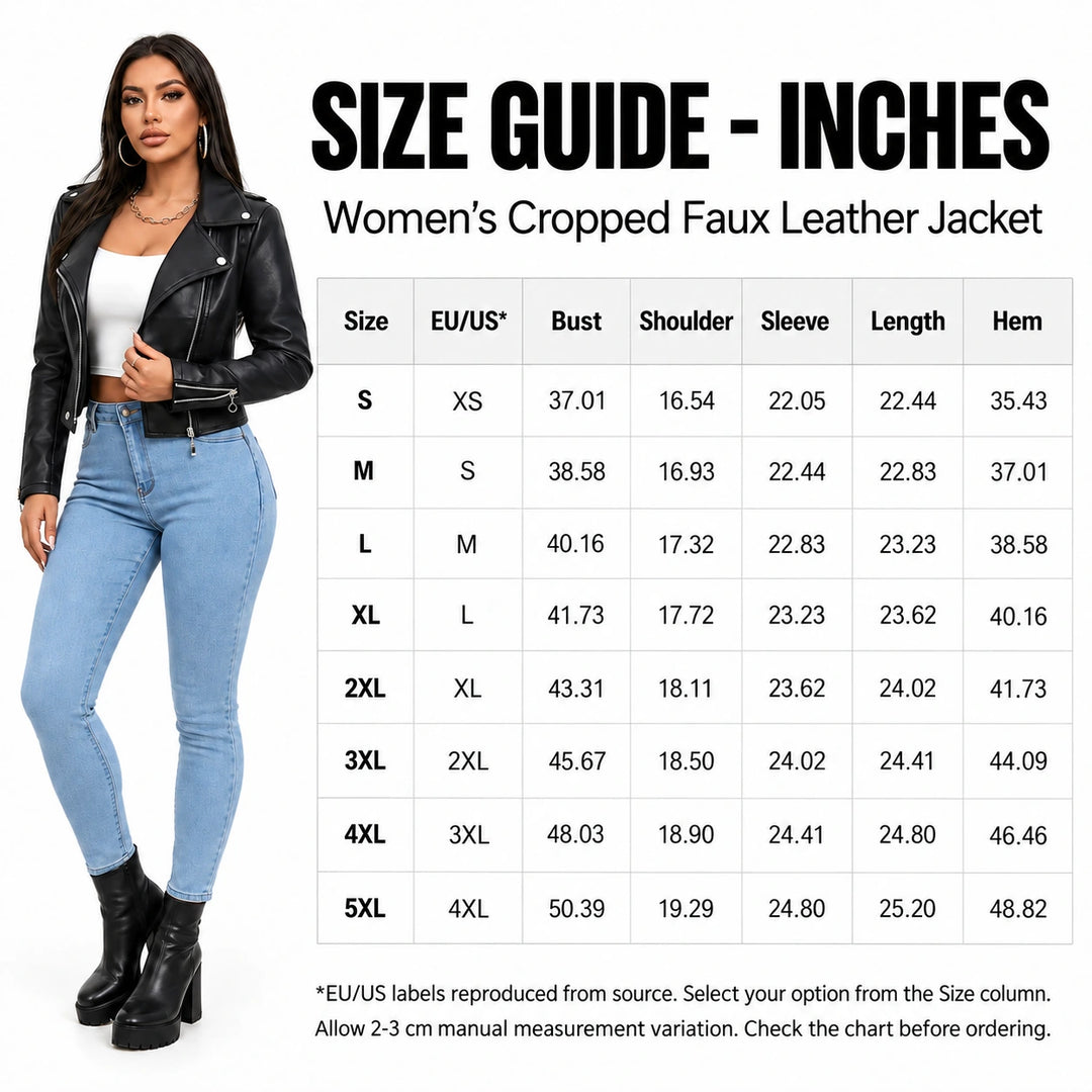 Size chart in inches beside a model in a black jacket, with sizes S to 5XL and bust, shoulder, sleeve, length and hem values.