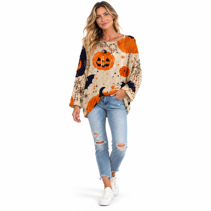 Pumpkin sweater khaki sweater standing view