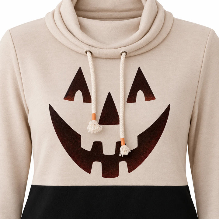 Close-up of the beige pumpkin top, showing dark jack-o&