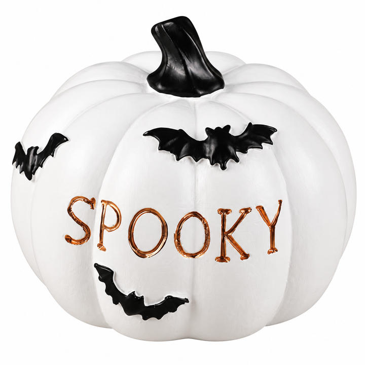 White SPOOKY pumpkin details showing gold lettering, black bat motifs and molded grooves, photographed on a white background.