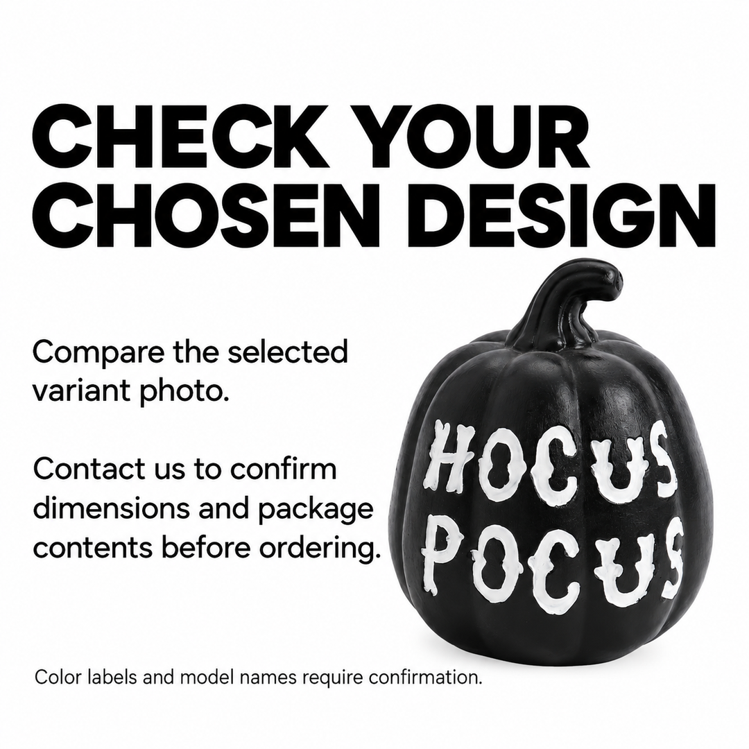 English buyer guidance for a black HOCUS POCUS pumpkin, advising shoppers to check the selected photo and confirm dimensions.