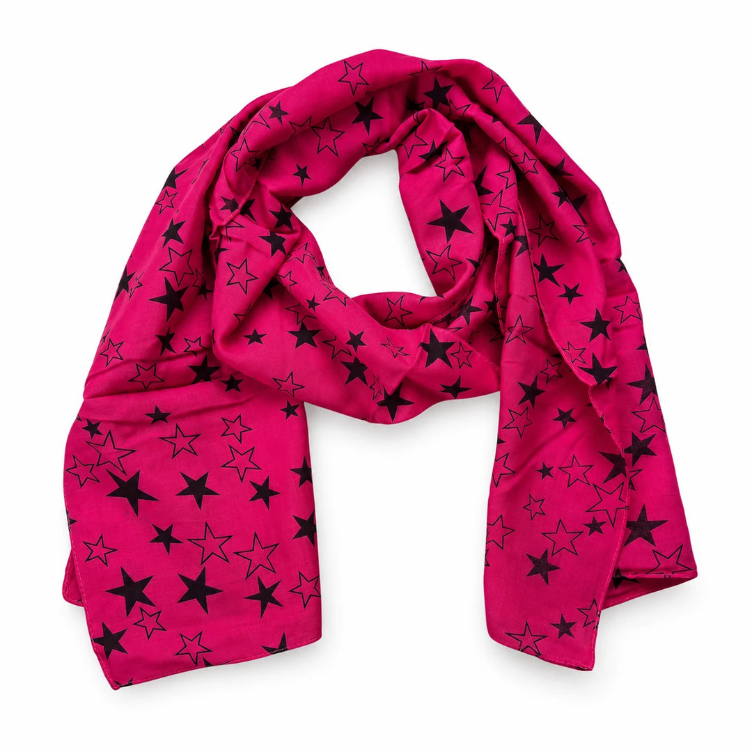 Pink star scarf loosely draped with its ends visible, with black stars and plain finished edges, on a plain white background.