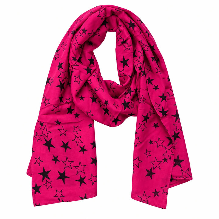 Fuchsia voile scarf draped with both ends visible, showing solid and outlined black stars, against a white studio background.