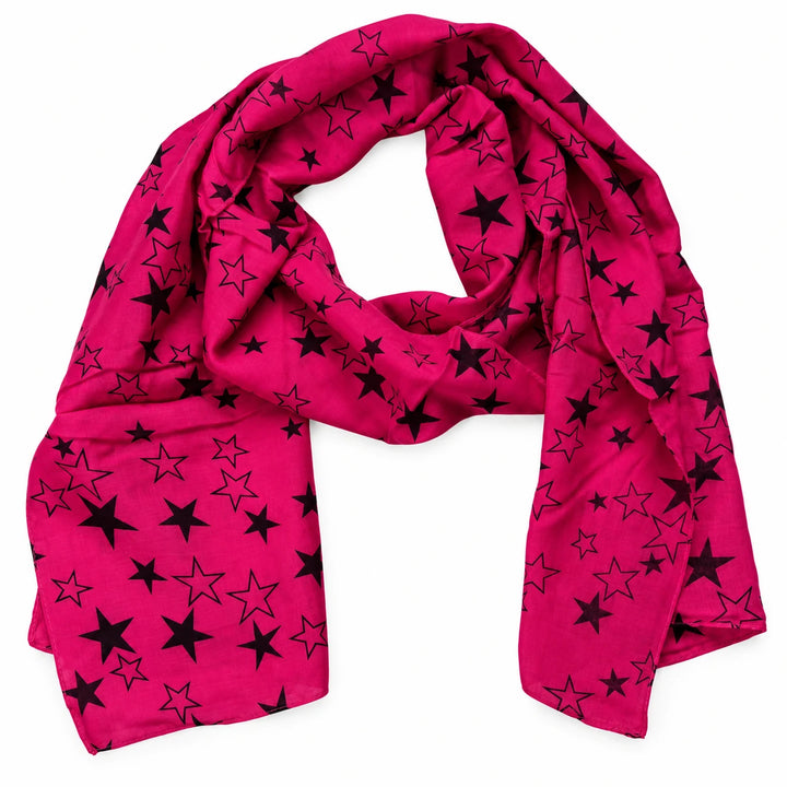 Fuchsia voile scarf draped with both ends visible, showing solid and outlined black stars, against a white studio background.