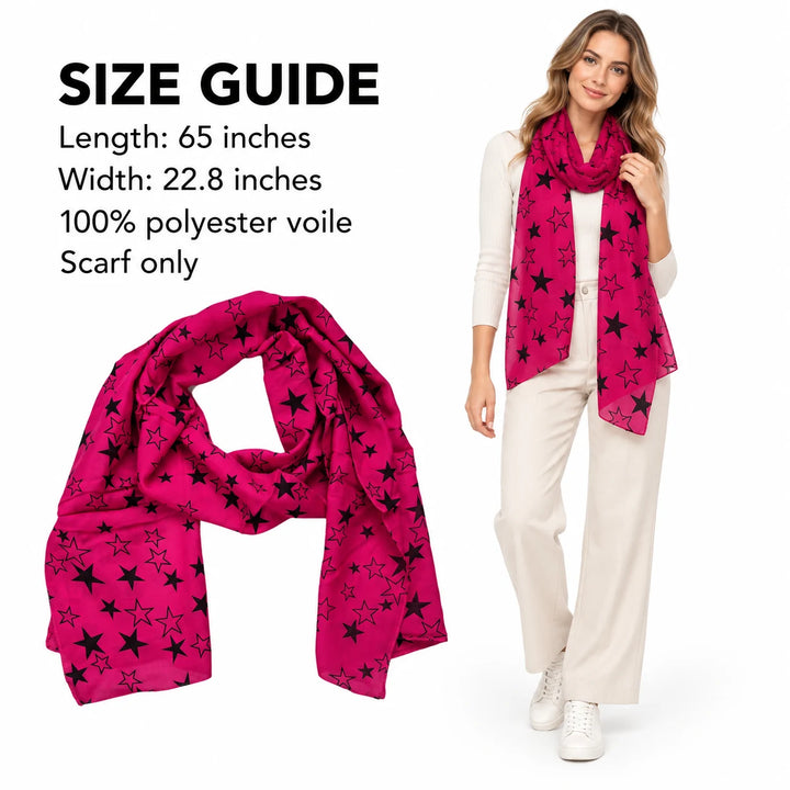 English size guide with a model, listing a 65-inch length and 22.8-inch width for the pink scarf, against a white background.