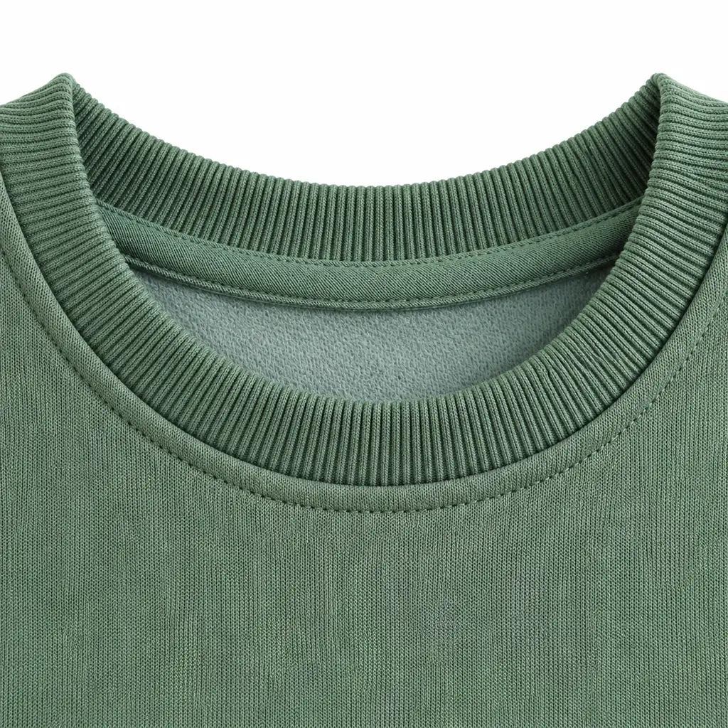 Close-up of the olive green sweatshirt crew neckline, showing ribbed trim, stitching and fleece inside on a white background.