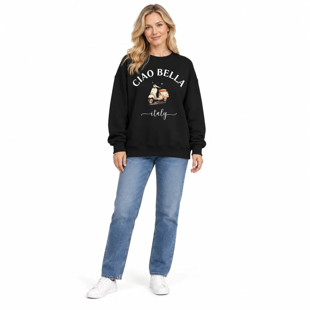 Black Ciao Bella scooter print sweatshirt with white lettering, shown on a full-body female model against a white background.