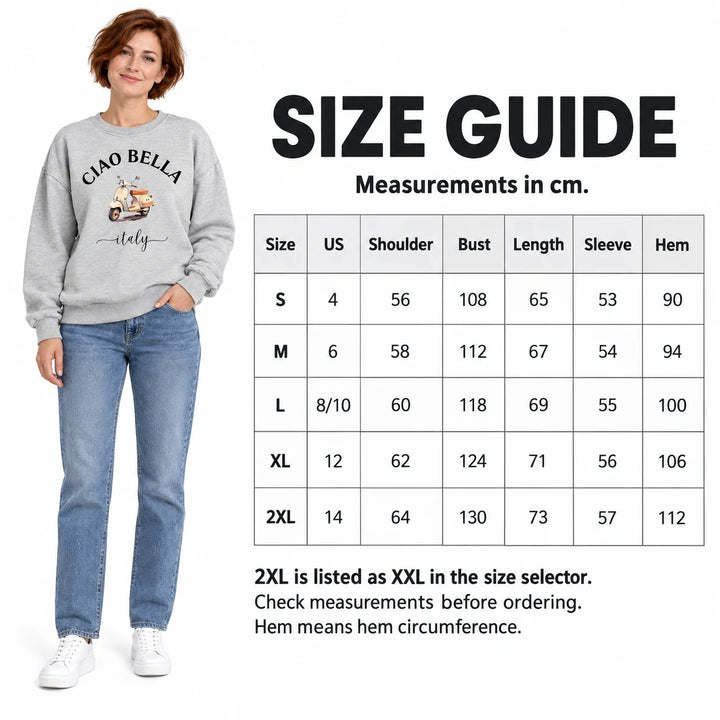 Size chart in cm beside a model wearing the heather gray scooter sweatshirt, showing S to 2XL measurements and US size labels