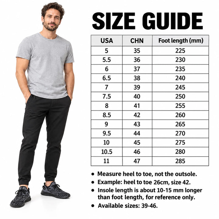 English shoe size guide with USA, CHN and foot length in mm beside a male model in black sneakers on a white studio backdrop.
