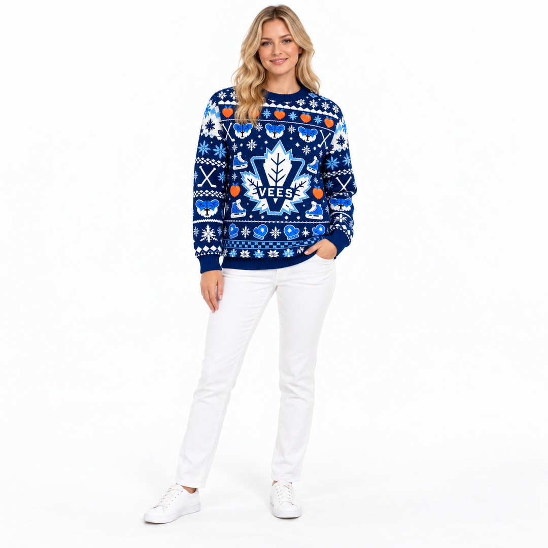 Blue hockey pullover on a model, shown full length against a white background. The hockey print is visible for a closer look.