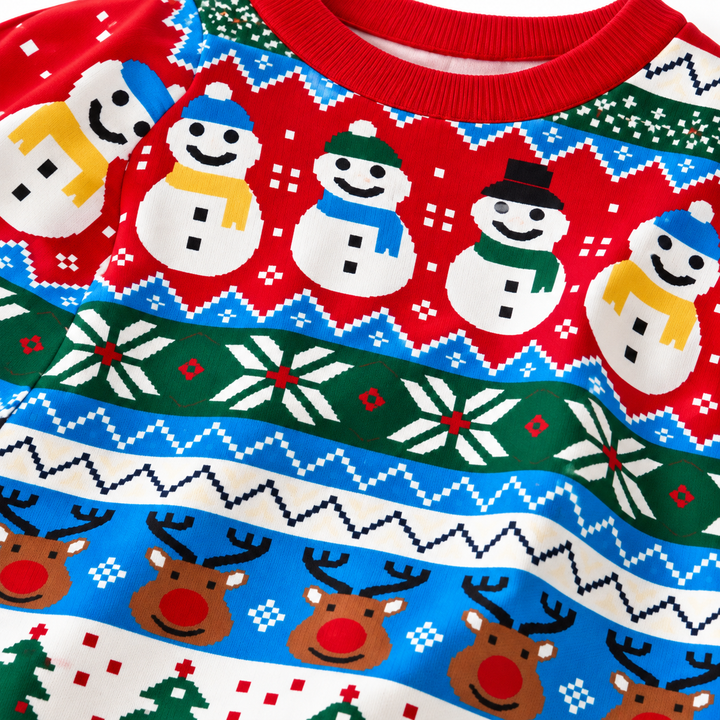 Close view of the multicolor snowman design on the red pullover fabric. The snowman print is visible in the pictured garment.