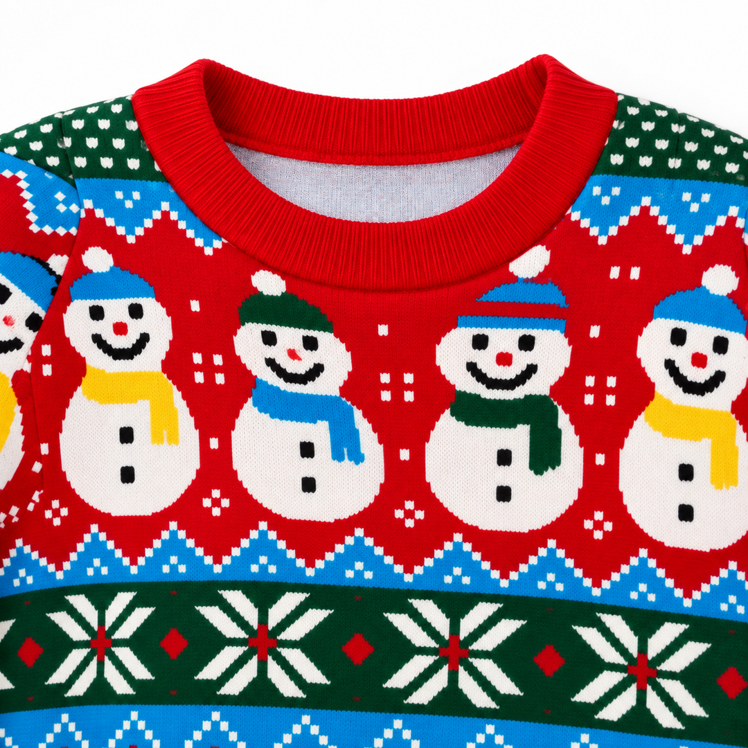 Close view of the red pullover crew neck and multicolor snowman pattern. The snowman print is shown in the photographed view.