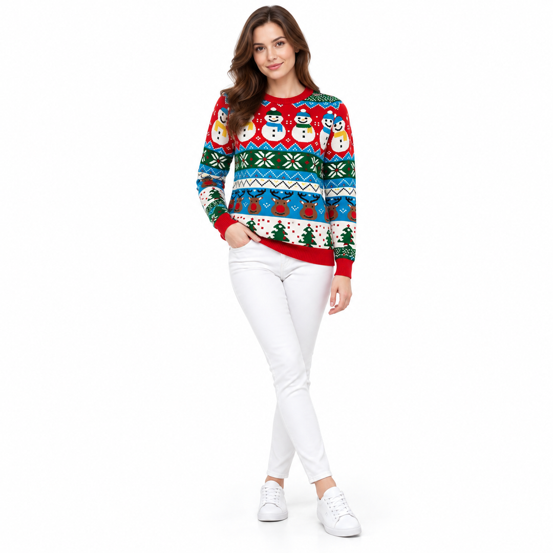 Red snowman pullover on a brunette model, shown full length on a white background. The snowman print is visible in this view.