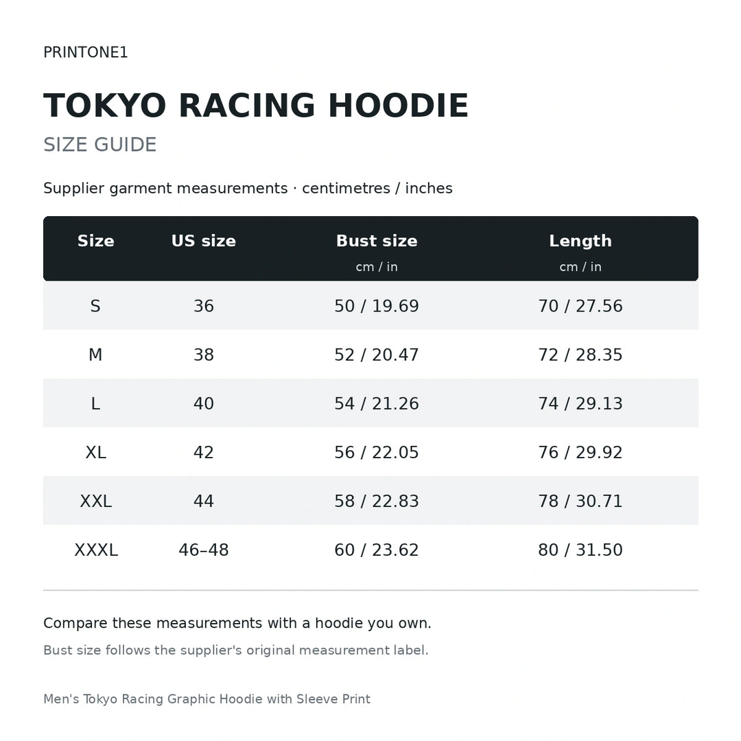 Tokyo racing hoodie size guide S to XXXL with supplier bust and length measurements in centimetres and inches