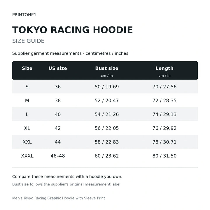 Tokyo racing hoodie size guide S to XXXL with supplier bust and length measurements in centimetres and inches