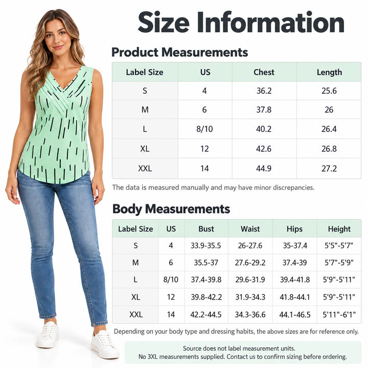 Size information with Mint Green model, product and body measurement tables, a note about missing units and 3XL measurements.
