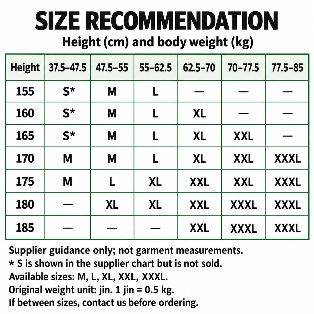 English supplier size recommendation grid for heights 155 to 185 cm and body weights 37.5 to 85 kg; not garment measurements.