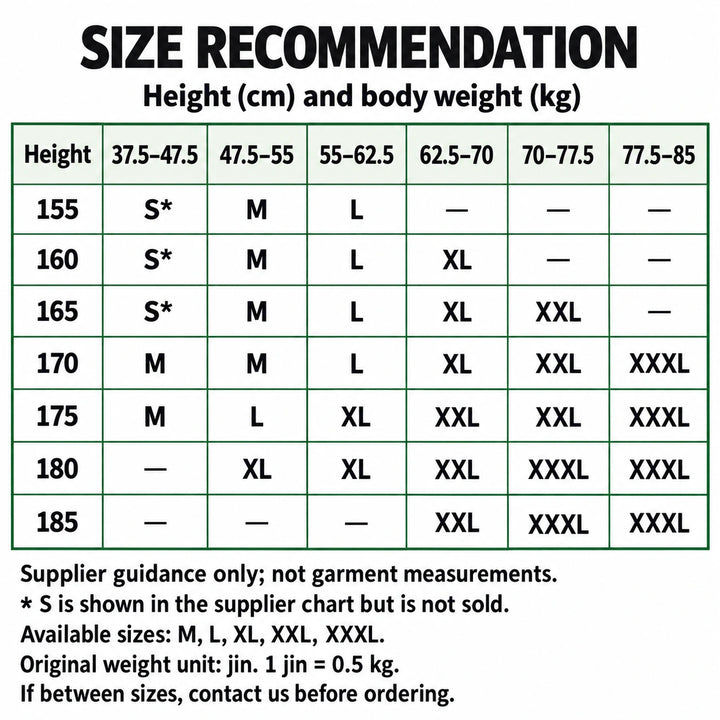 English supplier size recommendation grid for heights 155 to 185 cm and body weights 37.5 to 85 kg; not garment measurements.