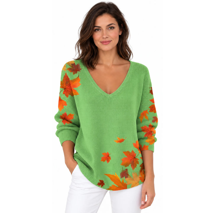 Woman wearing the Green Autumn Leaves V-neck long sleeve T-shirt on a white background.