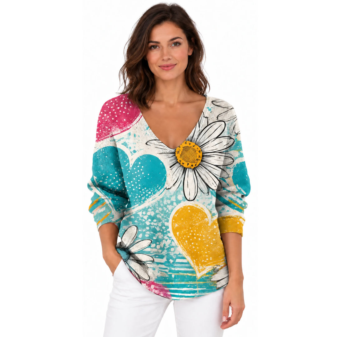 Woman wearing the Multicolor Floral and Hearts V-neck long sleeve T-shirt on a white background.
