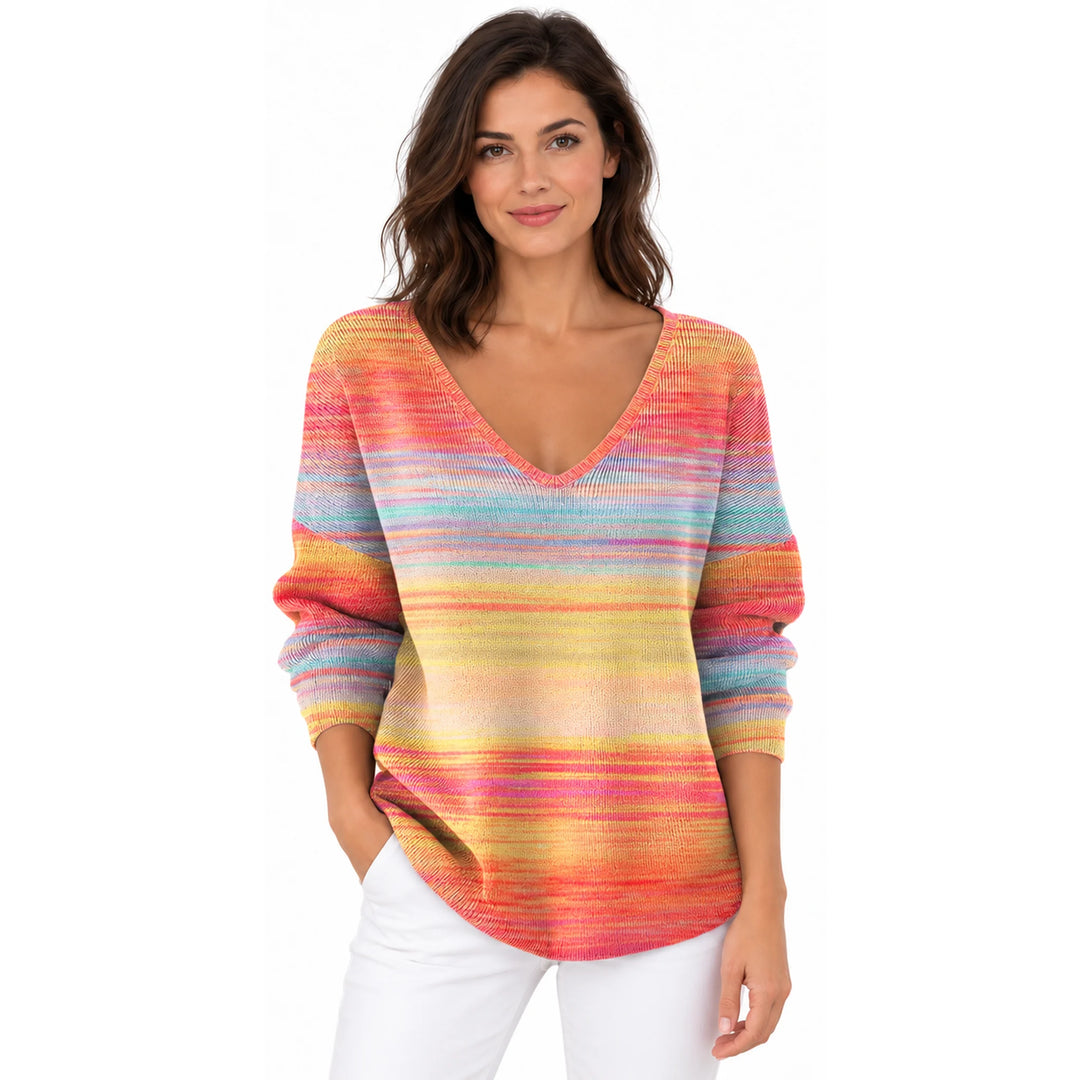 Woman wearing the Multicolor Gradient Stripes V-neck long sleeve T-shirt on a white background.