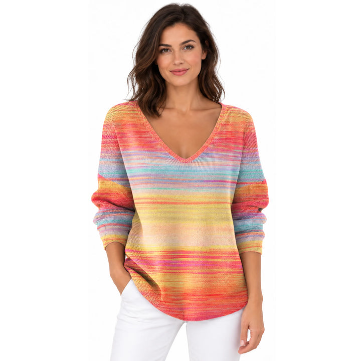 Woman wearing the Multicolor Gradient Stripes V-neck long sleeve T-shirt on a white background.