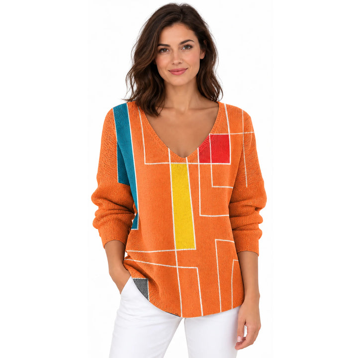 Woman wearing the Orange Geometric Lines V-neck long sleeve T-shirt on a white background.