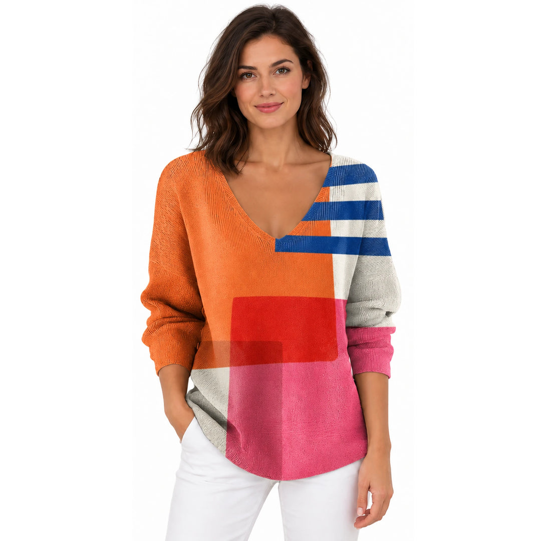 Woman wearing the Orange Multicolor Blocks V-neck long sleeve T-shirt on a white background.