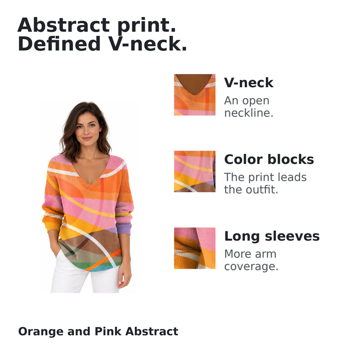 Orange and Pink Abstract T-shirt with V-neck, color-block print and long-sleeve detail callouts.