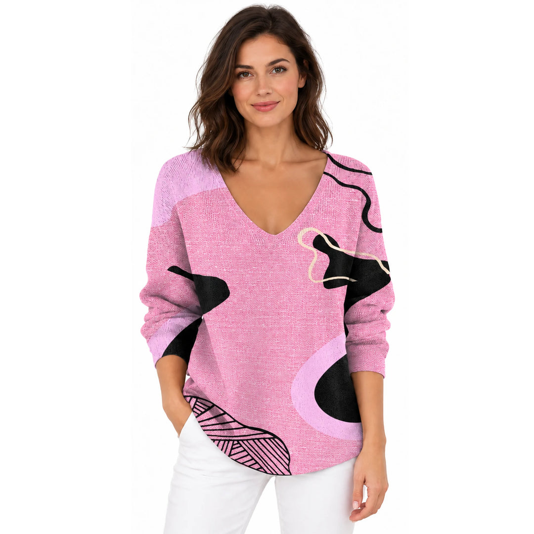 Woman wearing the Pink Abstract V-neck long sleeve T-shirt on a white background.