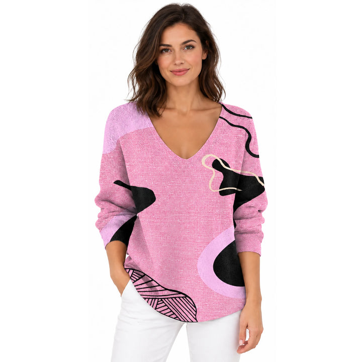 Woman wearing the Pink Abstract V-neck long sleeve T-shirt on a white background.
