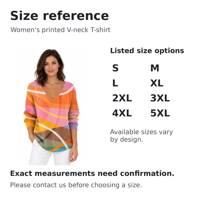Size reference for the printed V-neck T-shirt showing S to 5XL; measurements need confirmation.