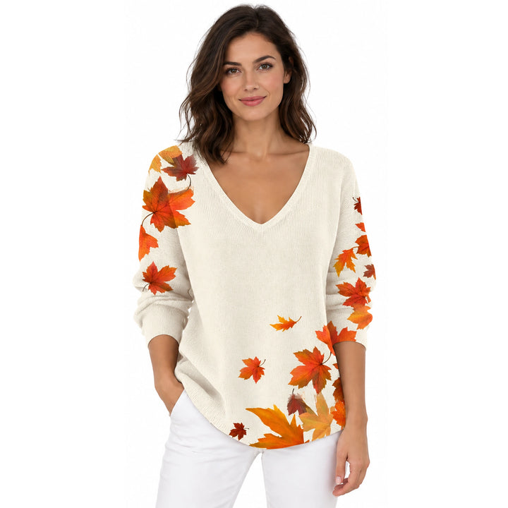 Woman wearing the White Autumn Leaves V-neck long sleeve T-shirt on a white background.