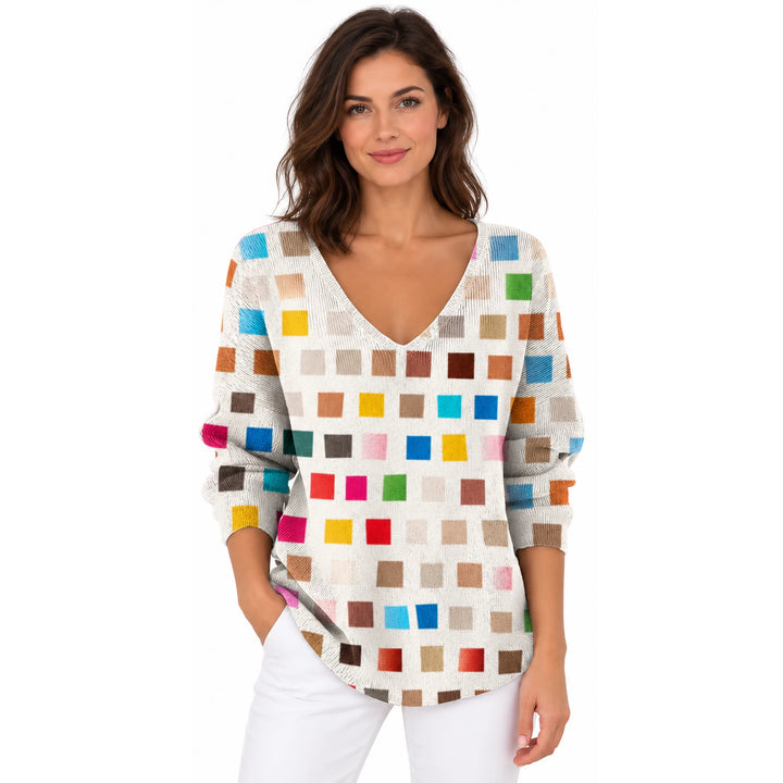 Woman wearing the White Multicolor Squares V-neck long sleeve T-shirt on a white background.