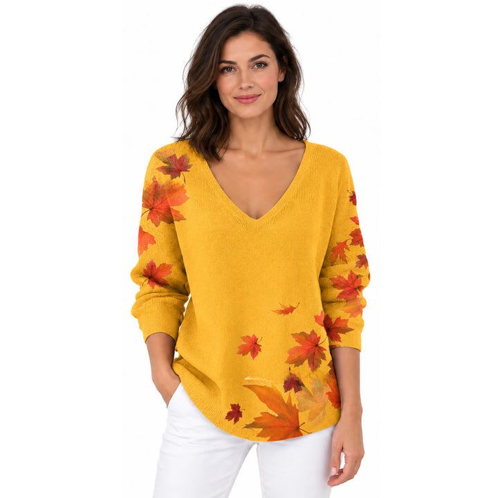 Woman wearing the Yellow Autumn Leaves V-neck long sleeve T-shirt on a white background.
