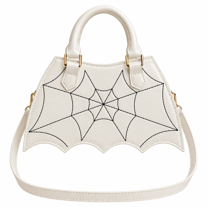White spiderweb handbag shown from the front with its scalloped lower edge, rounded top handles and a matching shoulder strap