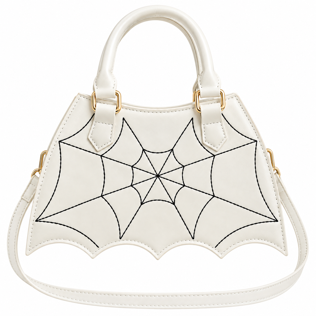 White handbag front showing the black spiderweb motif, scalloped lower outline and handle attachment tabs on a white backdrop