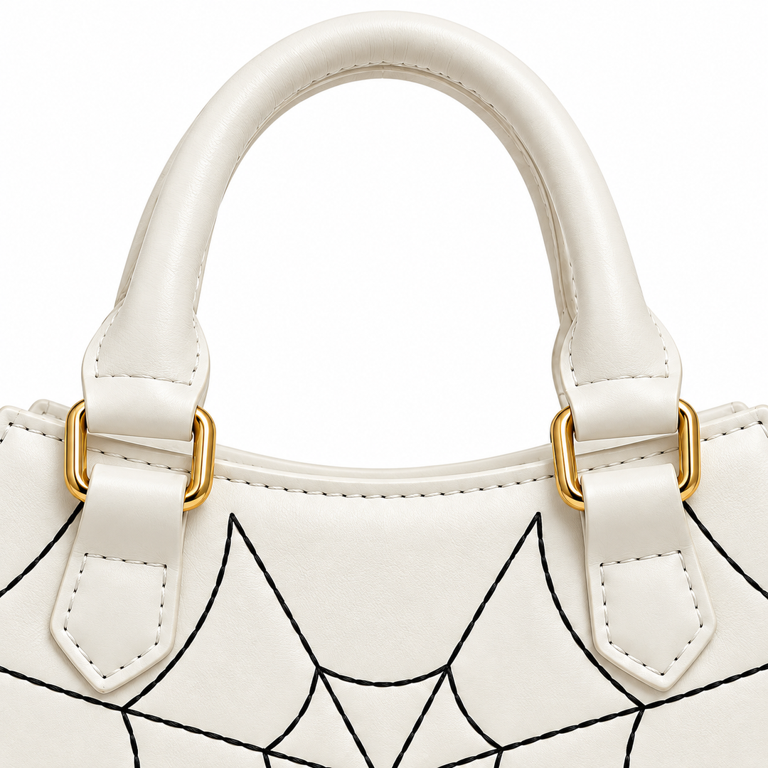 Close view of the white rounded carry handle, attachment tabs, gold-tone rectangular rings and stitching above the black web.