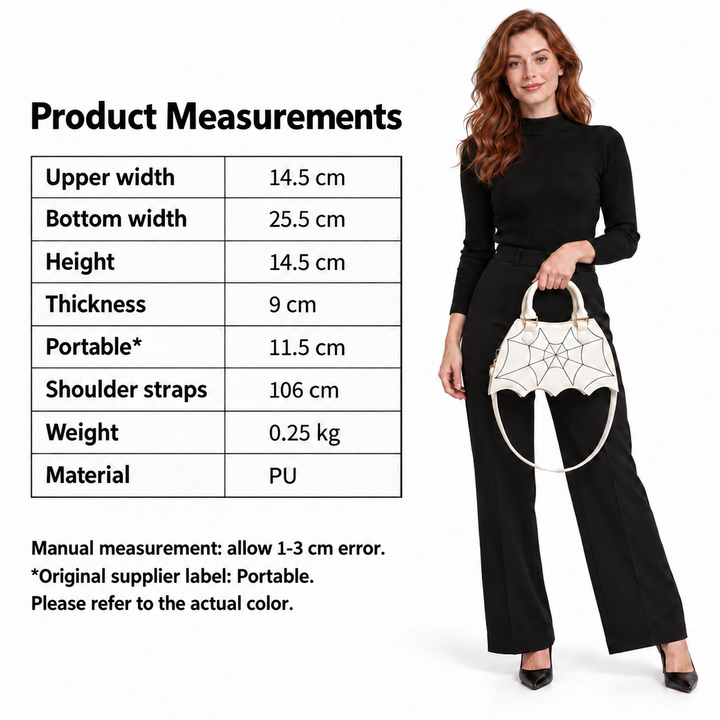 White handbag measurement table with supplier values in centimeters, weight and PU bag material beside a model on a white set