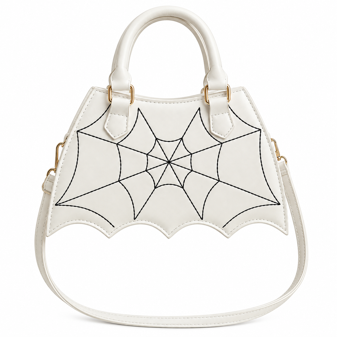 Confirmed White handbag with black spiderweb detail, rounded top handles and matching long shoulder strap on a white backdrop